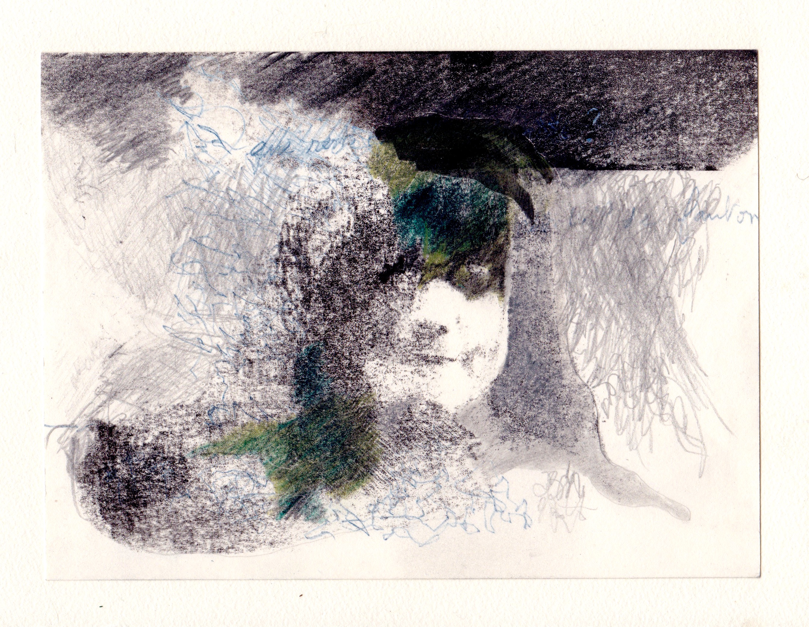 "Fantômette, c'est moi", transfert et crayons sur papier, 15 x 20 cm, 2019