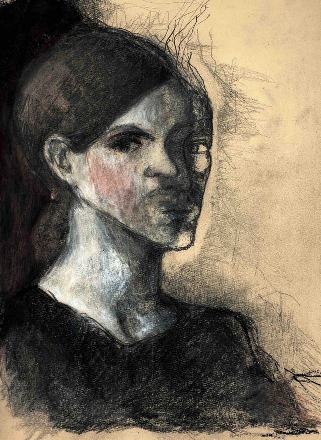 Suzanne et moi", technique mixte sur papier, 35 x 22 cm, 2021