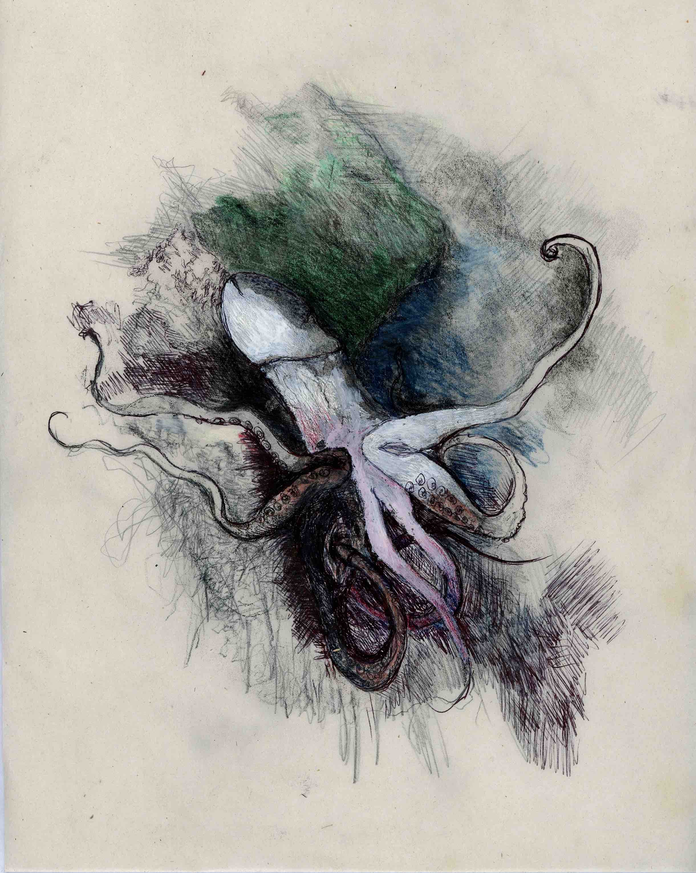 "La Partie de jambes en l'air ou le Poulpe fornicateur", technique mixte, 27 x 20,5 cm, 2022.