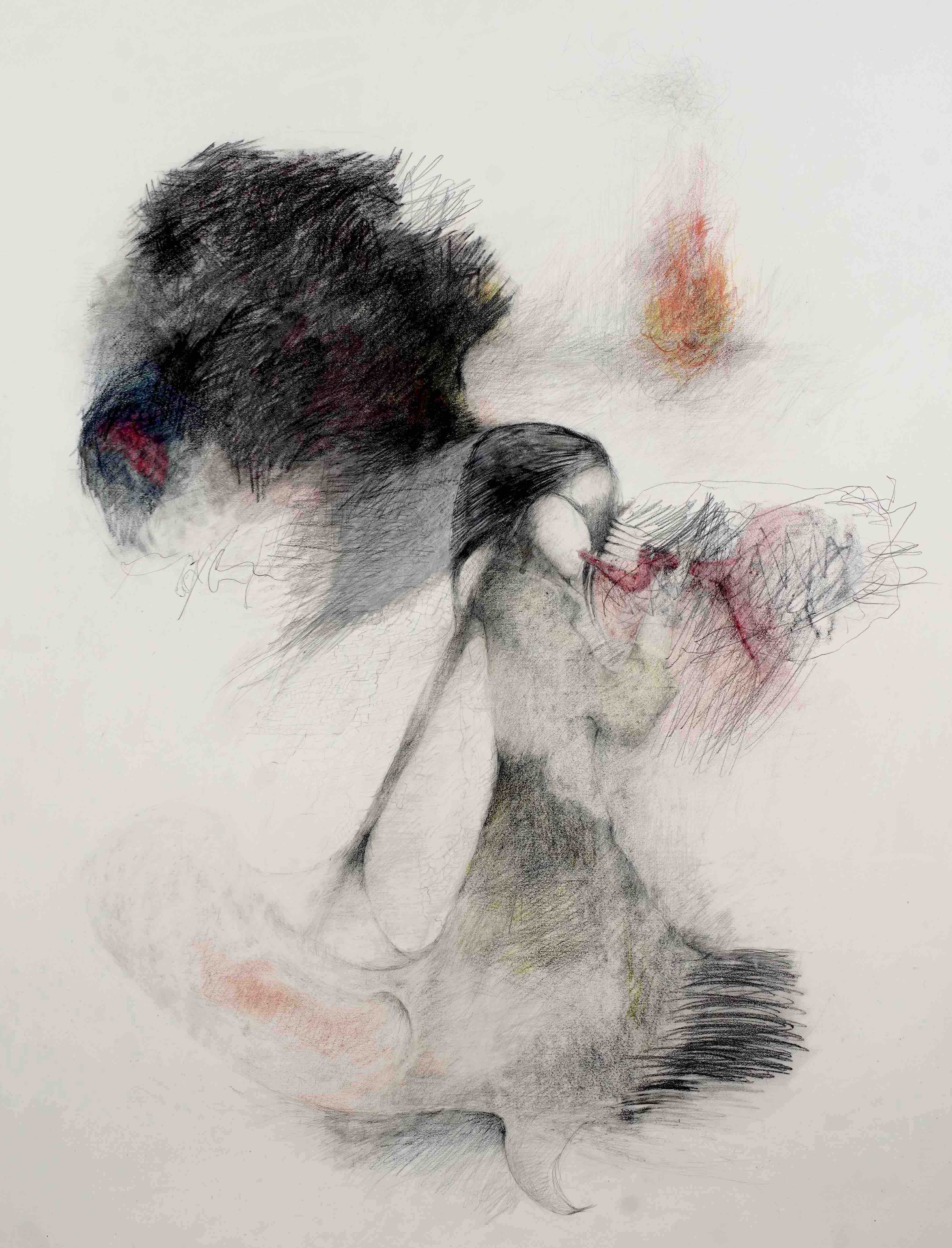 "Petite Reine (Extinction)", crayons sur papier coton, 70 x 56 cm, 2023 - Série des Paysages Hybrides.