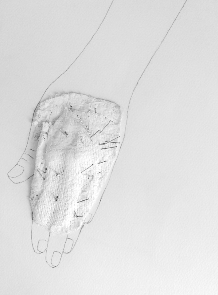 Epidermik, Graphite, plâtre, aiguilles sur papier, 26 x 32 cm, 2015