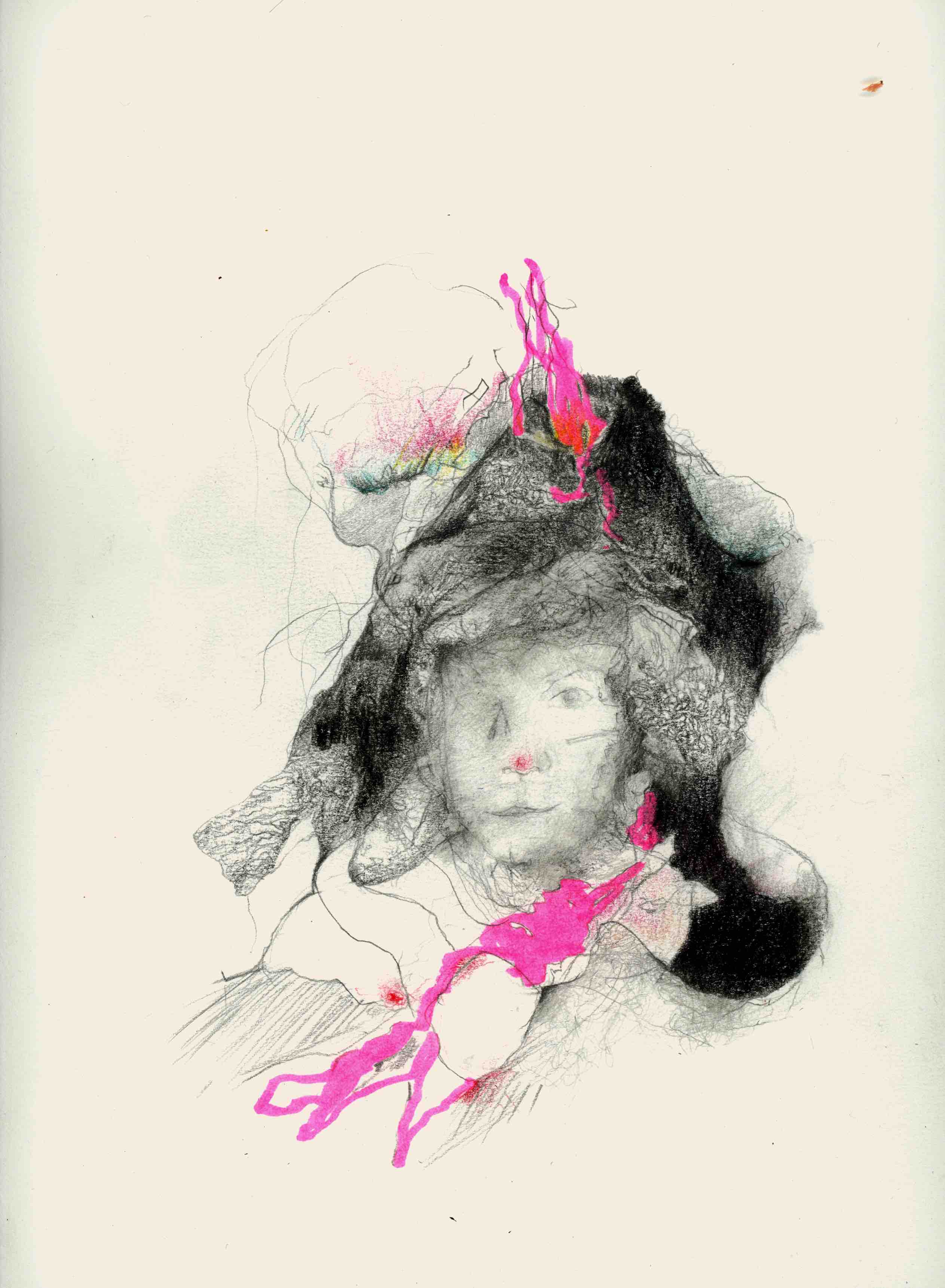 La Gorgone d'Islande (Vanda Spengler - Holobionthe), 2023, Crayons et Stabilo fluo sur papier, 40 x 30 cm