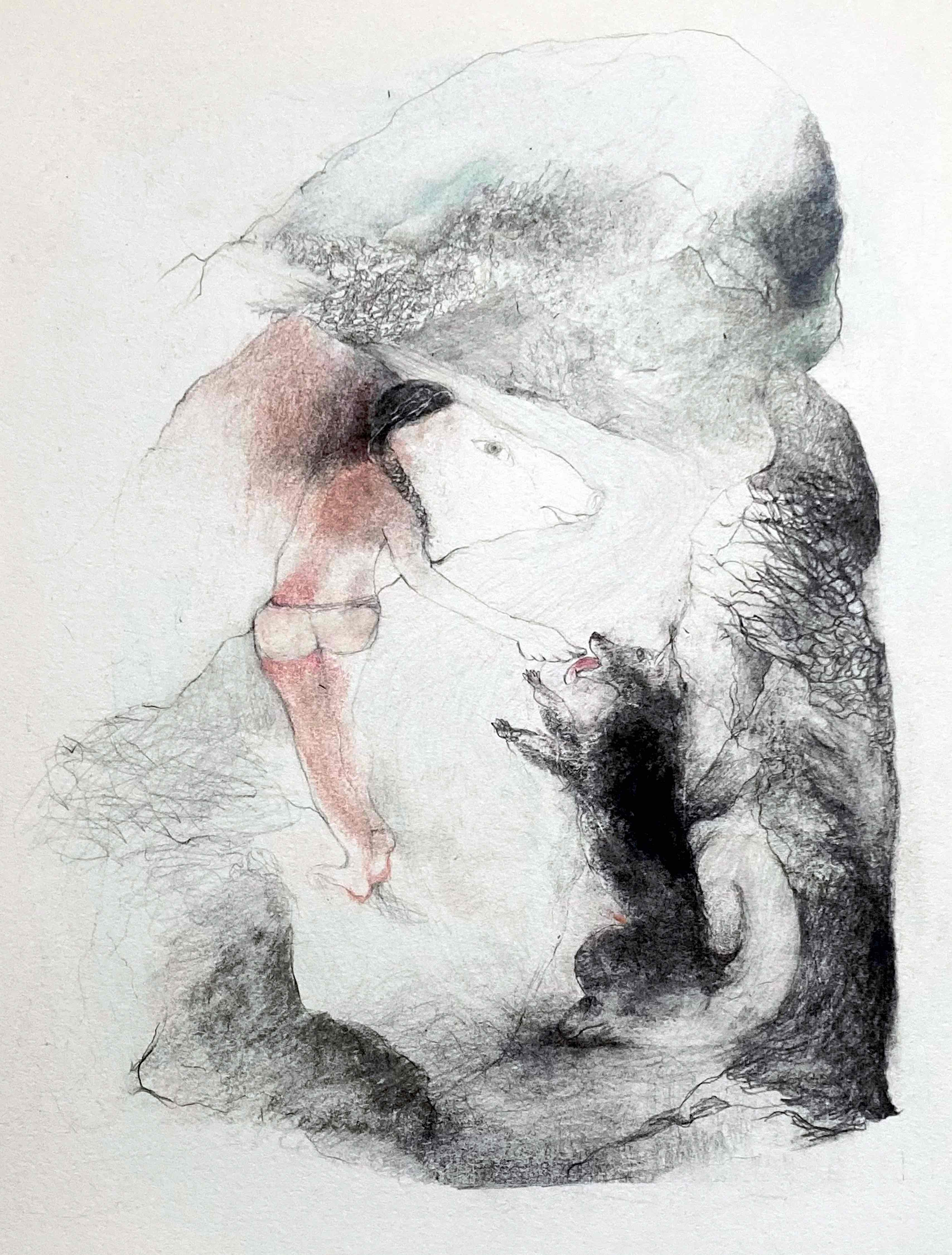 "Cyprine et le joli toutou", 50 x 40 cm, crayons sur papier Arches, 2023