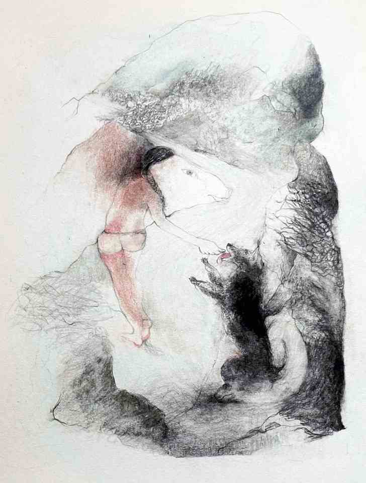 "Cyprine et le joli toutou", 50 x 40 cm, crayons sur papier Arches, 2023